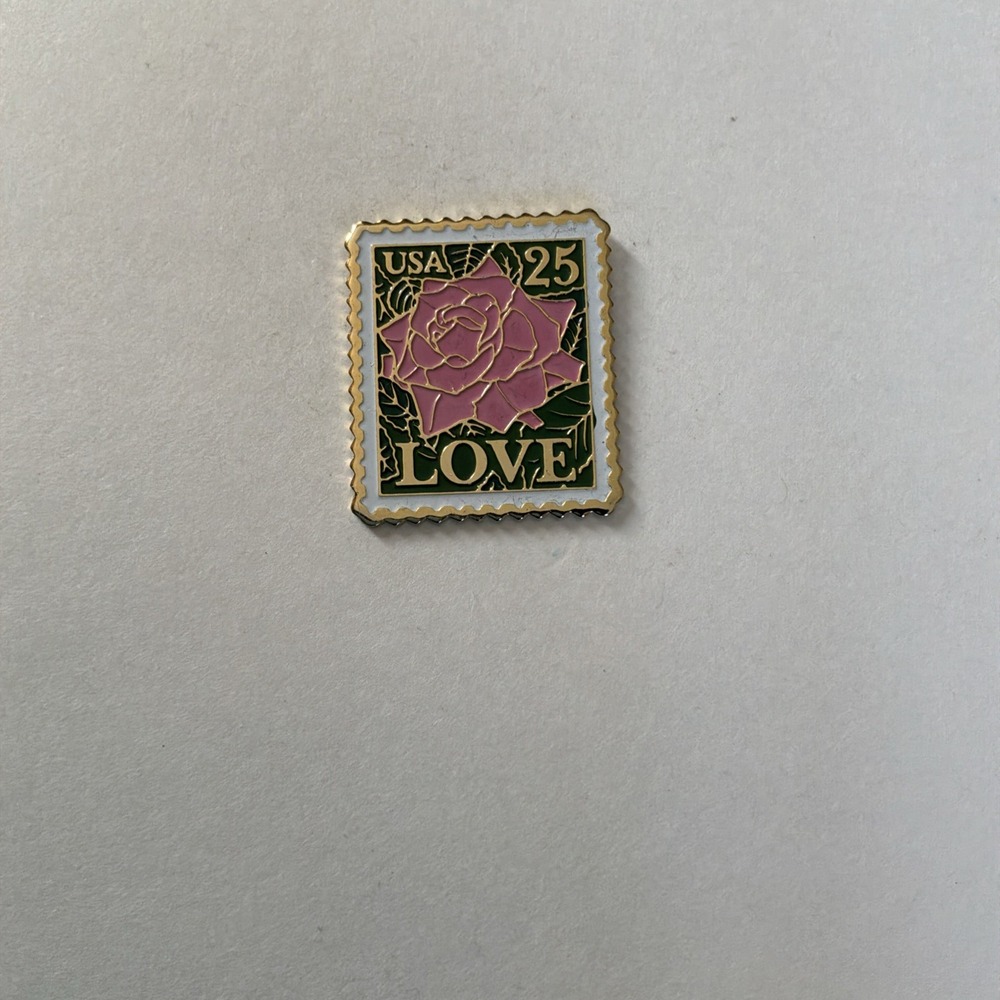 USPS Postage Stamp Lapel Pin LOVE 25 Cent Rose Enamel Brooch 1988 Design